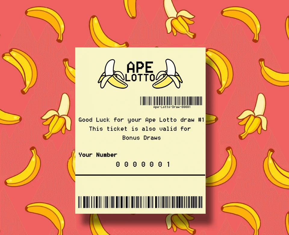 Image of an Ape Lotto ticket with ticket number, QR code, and other details