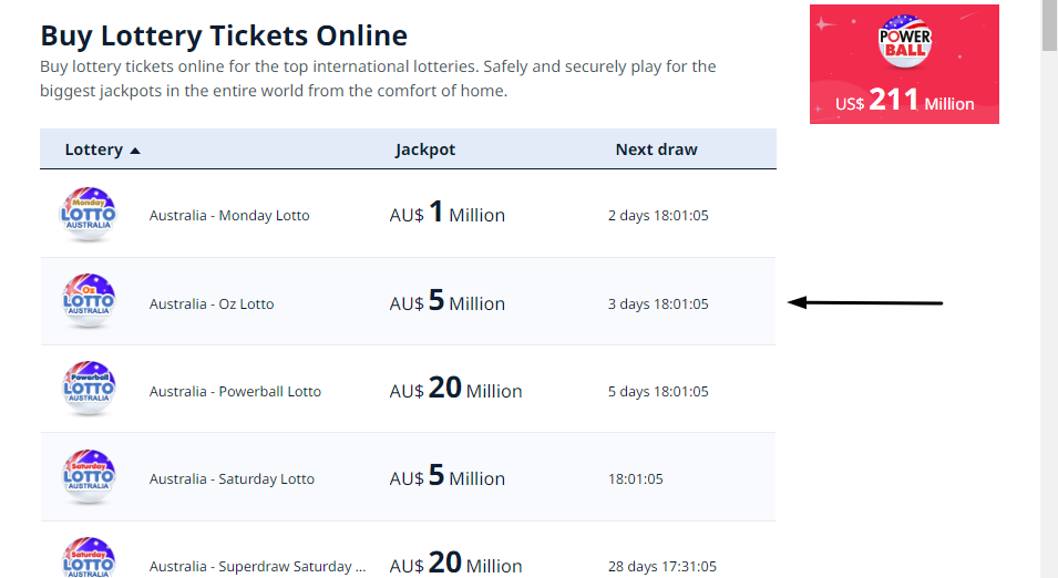 Find Oz Lotto on the Lottery Page