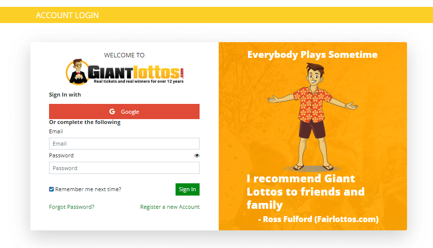 account log in for GiantLottos