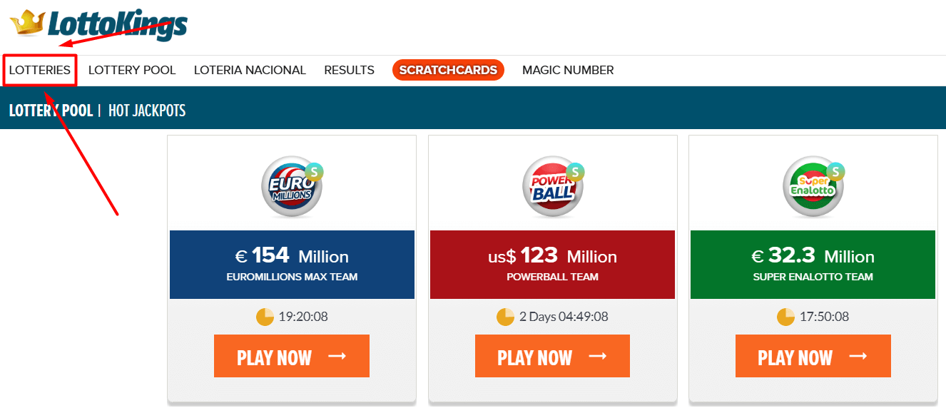 tap on Lotteries LottoKings