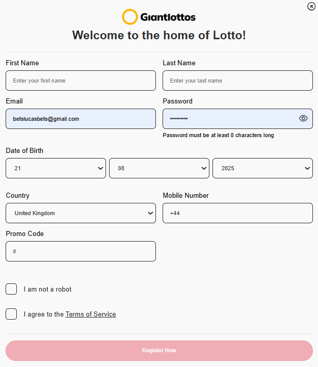 заполните ваши данные на GiantLottos